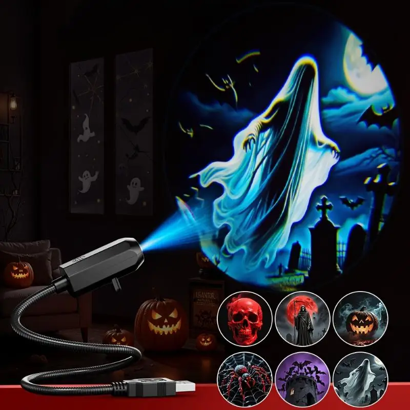 USB Halloween Projector Light 6 Patterns Rotatable Horror Ghost Pumpkin Skull Projection Lamp Party Decor Atmosphere Light