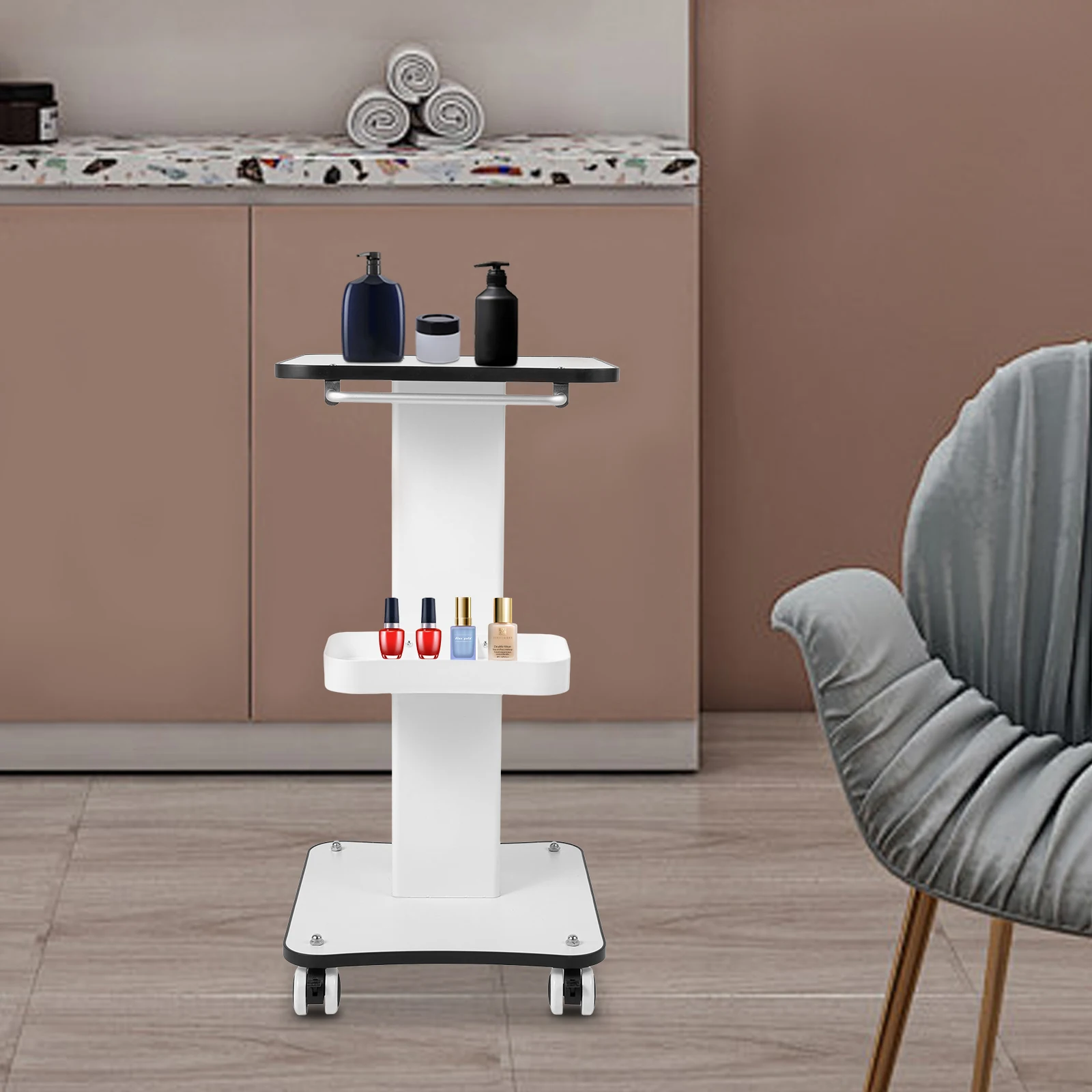 עגלת גלגלים לסלון יופי בשלושה רמות עם ידית דחיפה, עגלת אחסון לספא לארגון מכונות ציוד