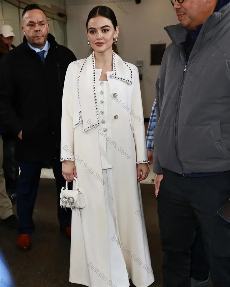 الصوف الأبيض الكشمير المرأة البدلة 1 قطعة السترة فستان حفلة موسيقية طويل بلورات مطرز مكتب رسمي سترة مخصصة معطف الزفاف الضيوف #4