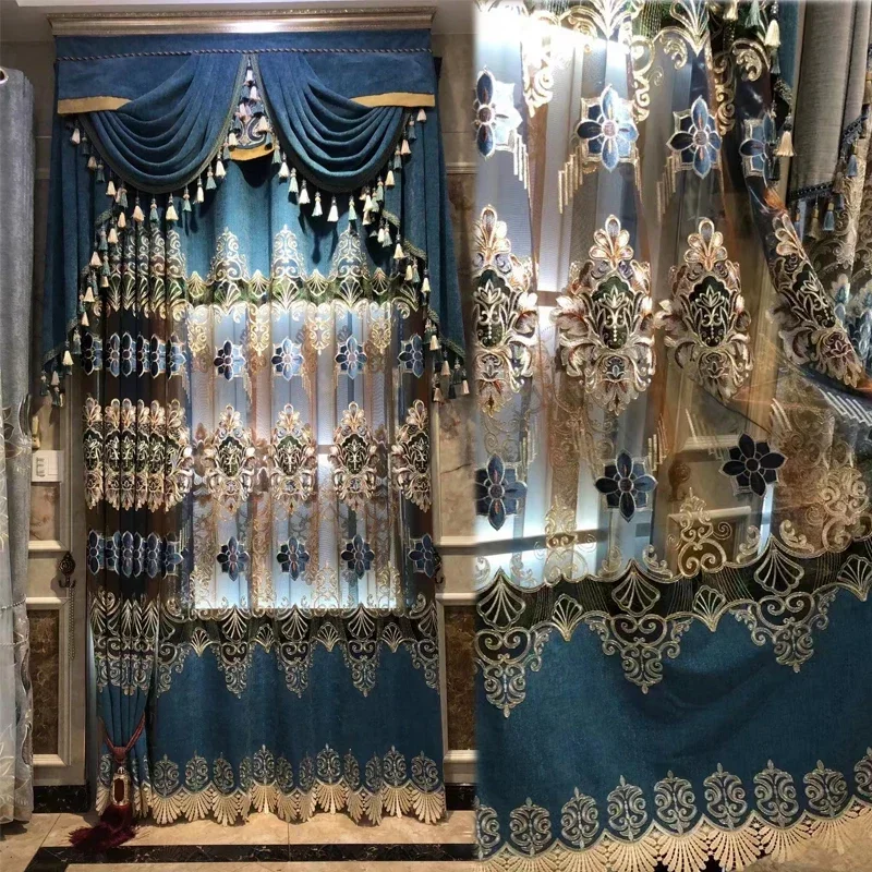 Tende da soggiorno ricamate blu verdi di lusso europee Design in velluto dorato Tende mantovana di alta qualità per la cucina della camera da letto