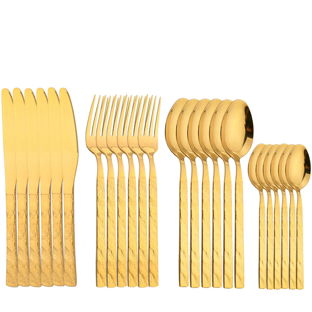 

24Pcs Gold Cutlery Sets Kitchen Tableware Set Stainless Steel Dinnerware Mirror Knife Fork Tea Spoon Dinner Dishwasher Safe