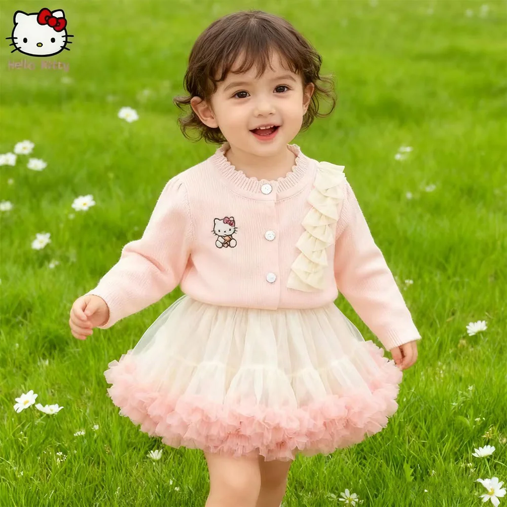 

2Pcs Anime Hello Kitty Children Woolen Jersey Cake Skirt Cinnamoroll Girls Knitted Sweaters Coats Tutu Skirts Princess Dress