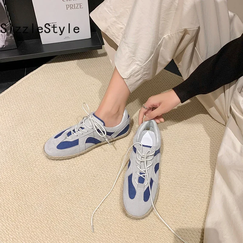 Casual Leather Round Toe Cross Straps Fashionable Stitching Color Matching Comfortable Flat-soled Straw Training Shoes