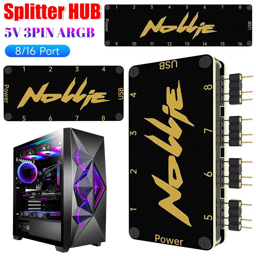

5V 3Pin Addressable ARGB Splitter Support SignalRGB OpenRGB ARGB Fan HUB Controller 8/16 Way for Extended Motherboard Interface