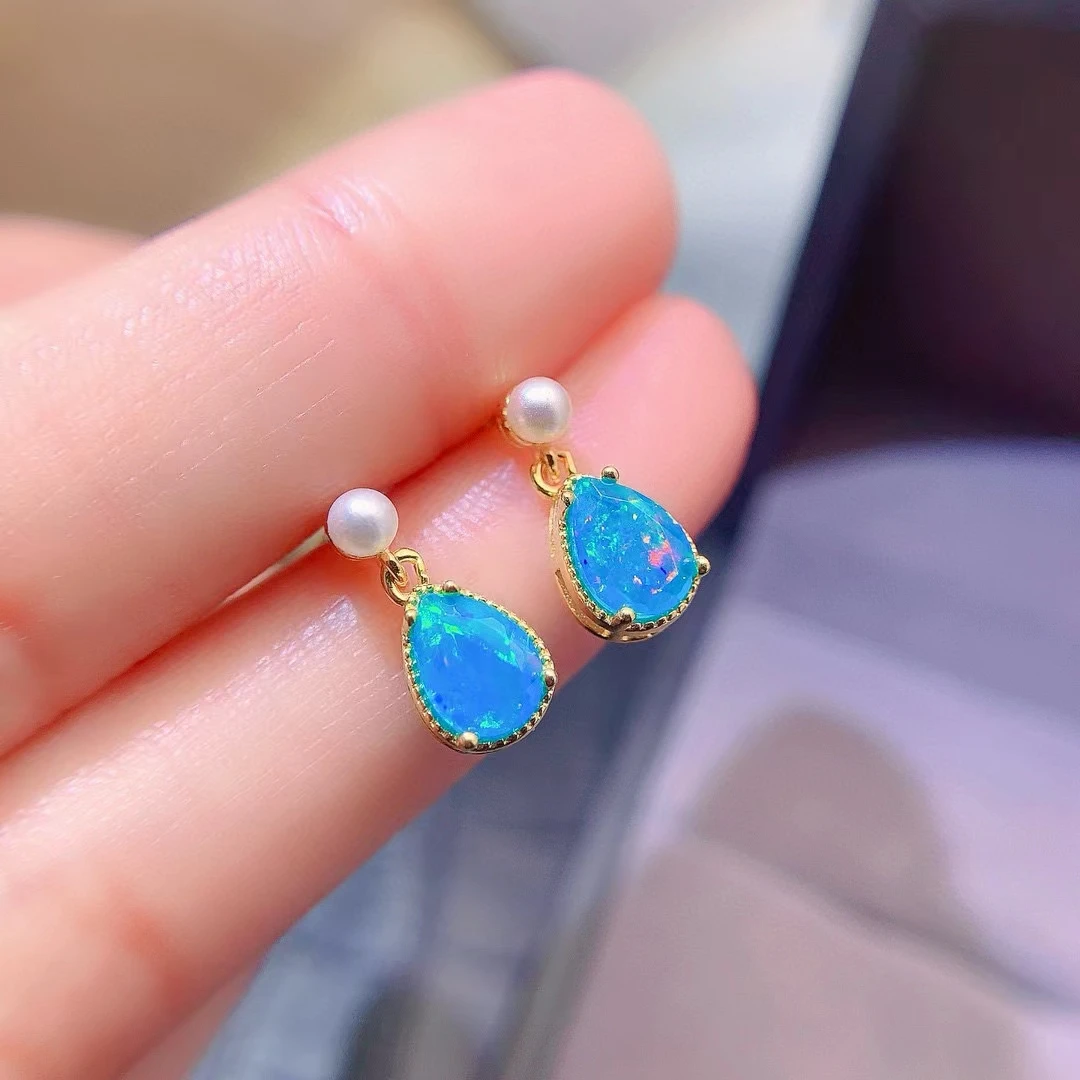 

Allergy Free Blue Opal Stud Earrings 6mm*8mm Natural Australia Opal 925 Silver Earrings with 3 Layers 18K Gold Plated