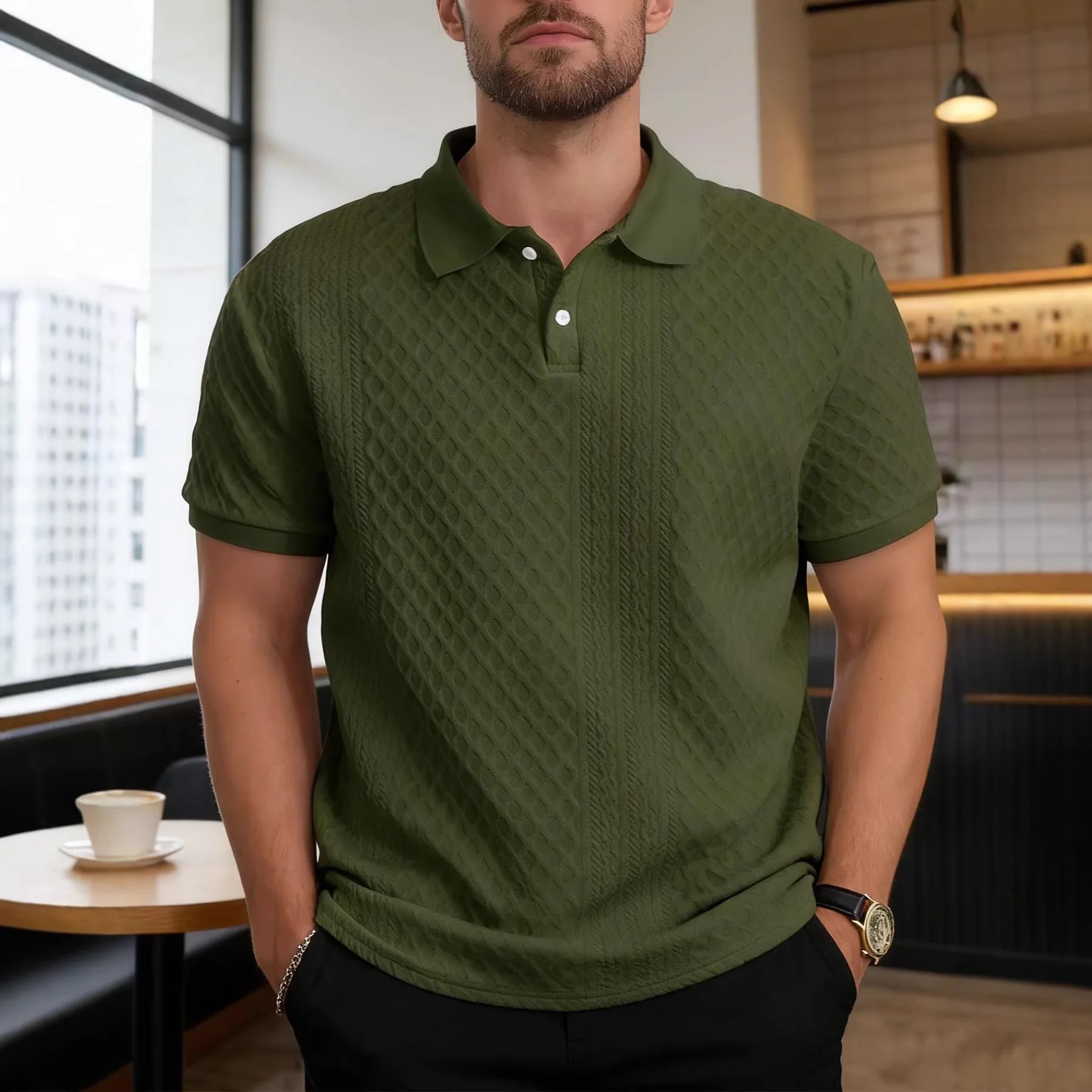 Cross-Border Men's New Jacquard Fabric Button-Front Solid Color Collared Basic Texture Top