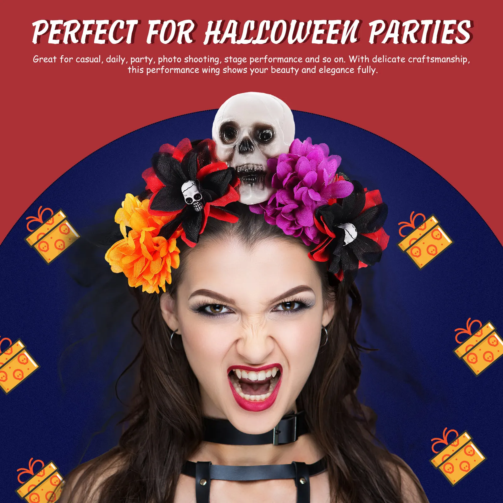Cloth Rose Flower Skull Headband for Halloween Festival Party Photo Props Lightweight Comfortable Headdress
