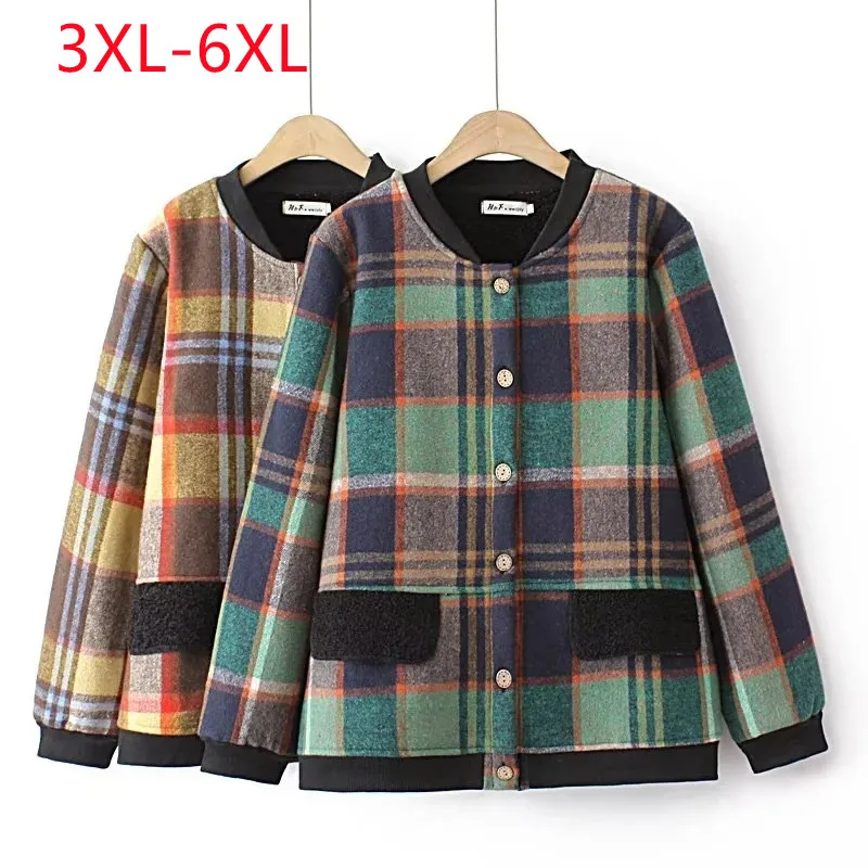 

New 2022 Ladies Winter Plus Size Tops For Women Large Size O-neck Long Sleeve Plaid Coat 3XL 4XL 5XL 6XL