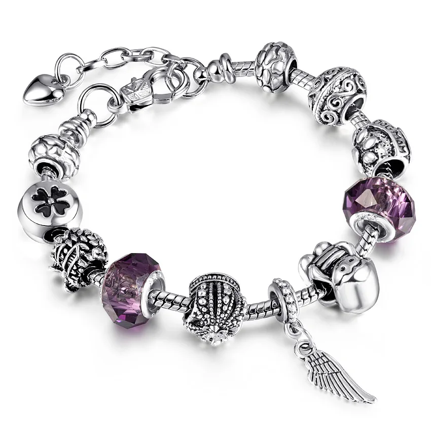 

Original New Woman's Silver Color Chain Extend Fashion Crystal Beads Vintage Angel Wings Charms Bracelets RJ215