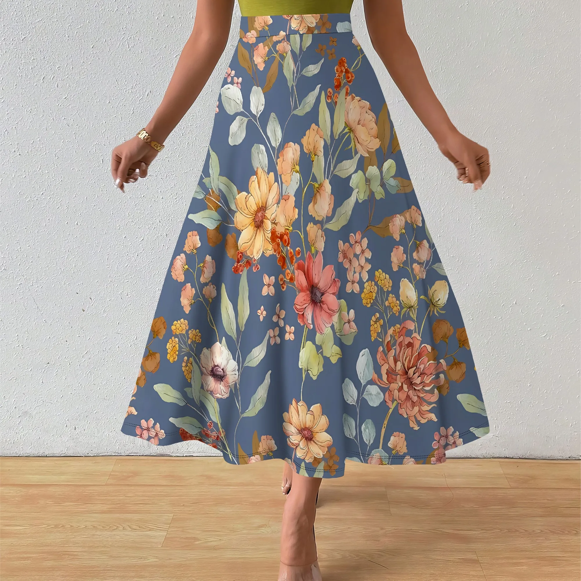 

Nupusa Floral Print A - Line Midi Skirt for Women High - Waist Summer Casual Skirt