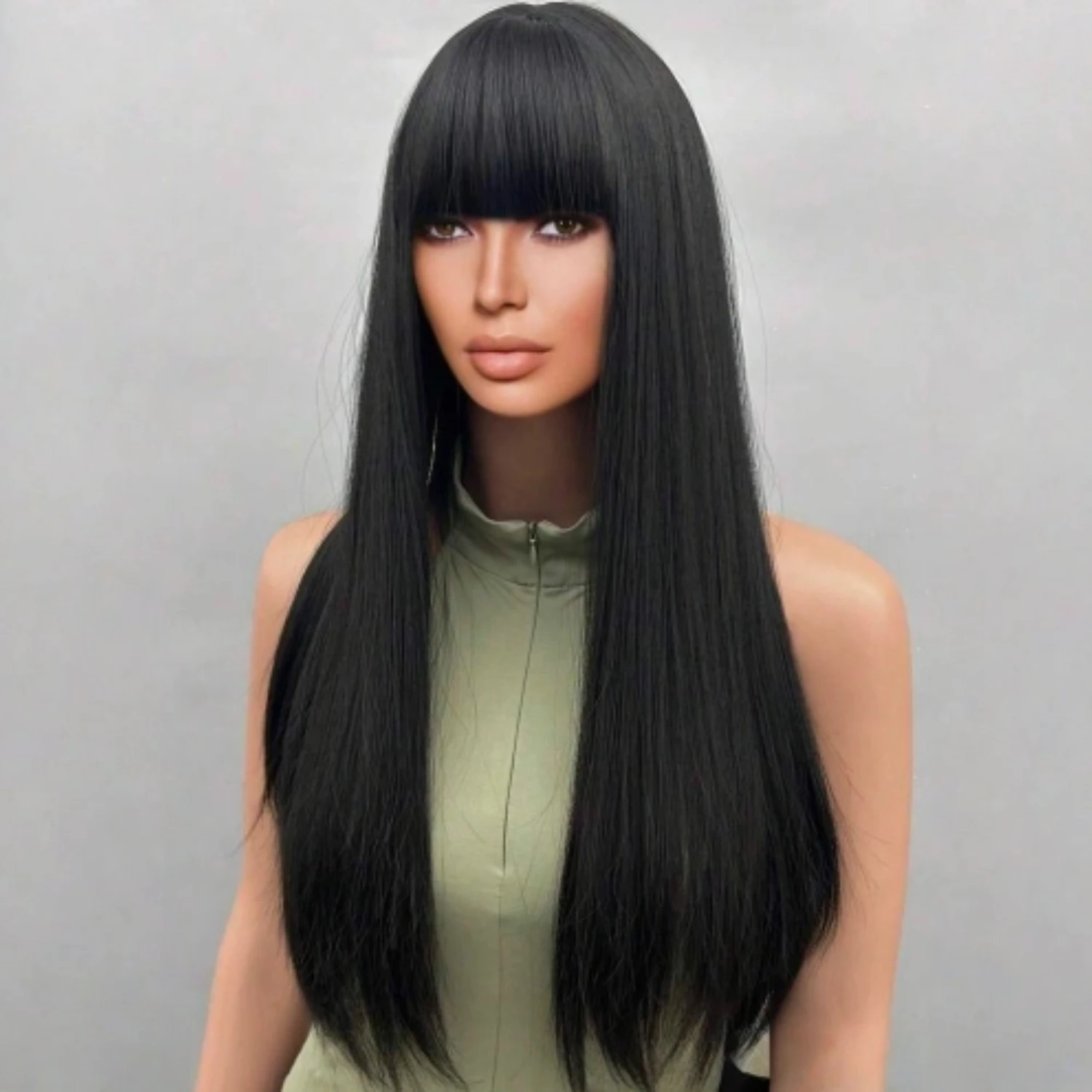 Long Straight Layered Wig with Bangs Heat Resistant Synthetic Full Head Easy Long Wavy Black Wig With Bangs: Heat-resistant Synthetic  main image 3
