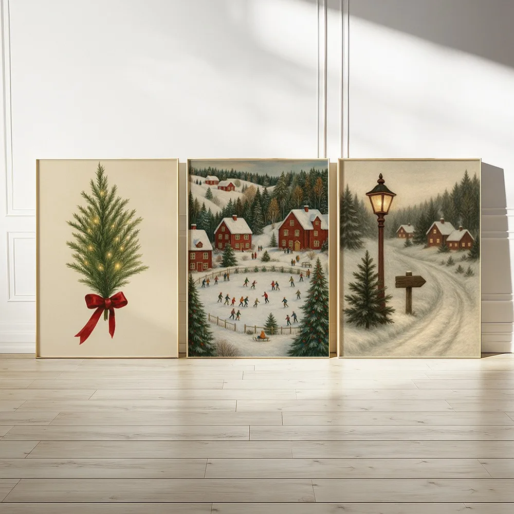 3pcs Frameless,Retro Christmas Winter Village Canvas Poster,Nordic Holiday Wall Art Featuring Snowy Scenes,for Living Room Decor