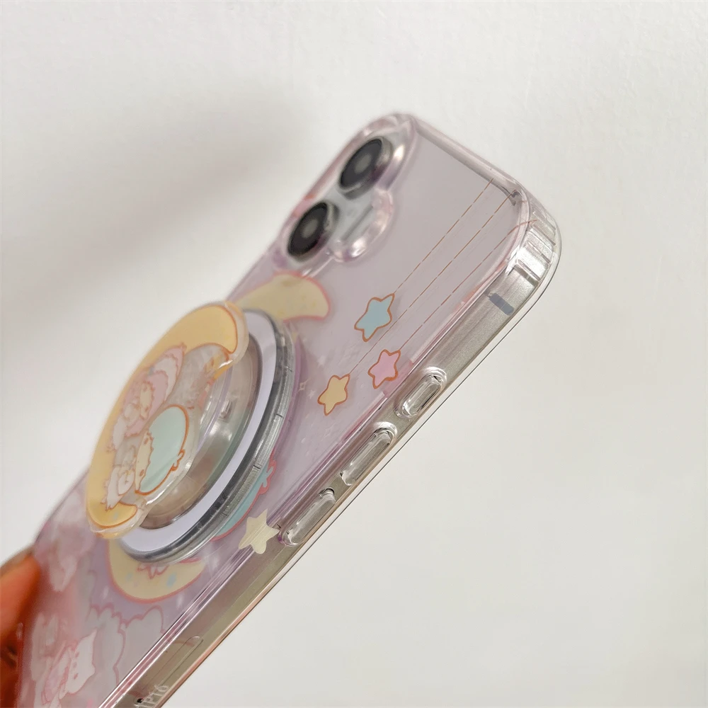 Twin Stars Transparente Cartoon-Hartschale für iPhone 16 13 14 15 Pro Max Magsafe magnetische kabellose Ladeabdeckung