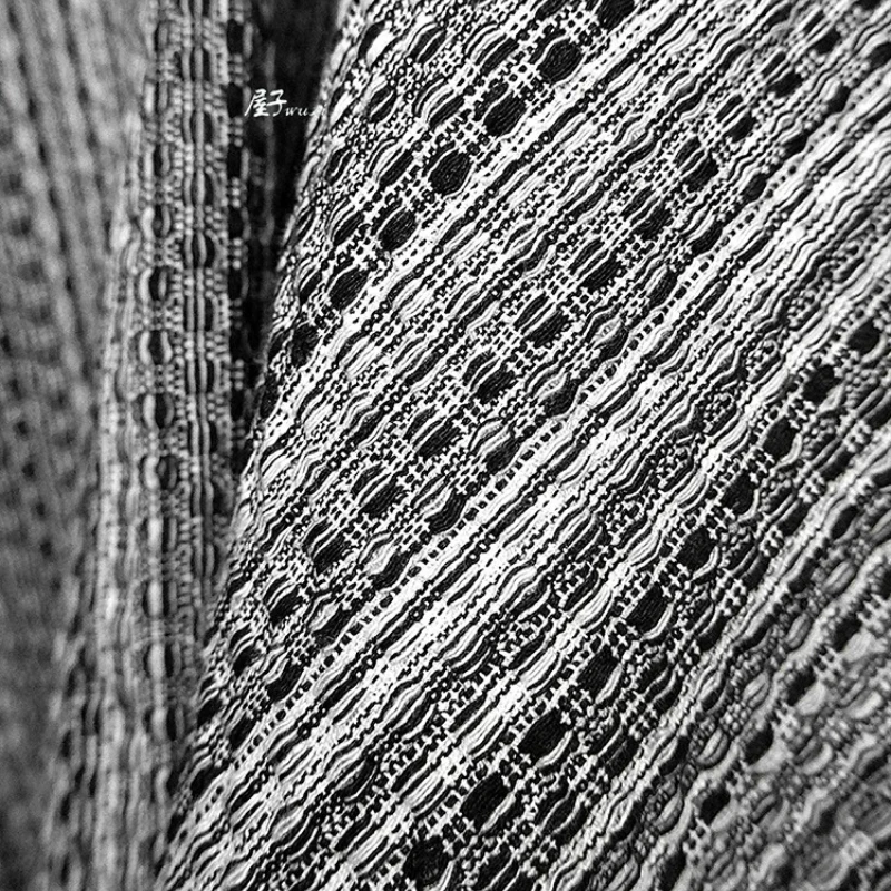 Black White Striped Gradient Texture Washed Denim Jacquard Fabric Retro Ethnic Style Top Coat Handmade DIY Clothing Fabric