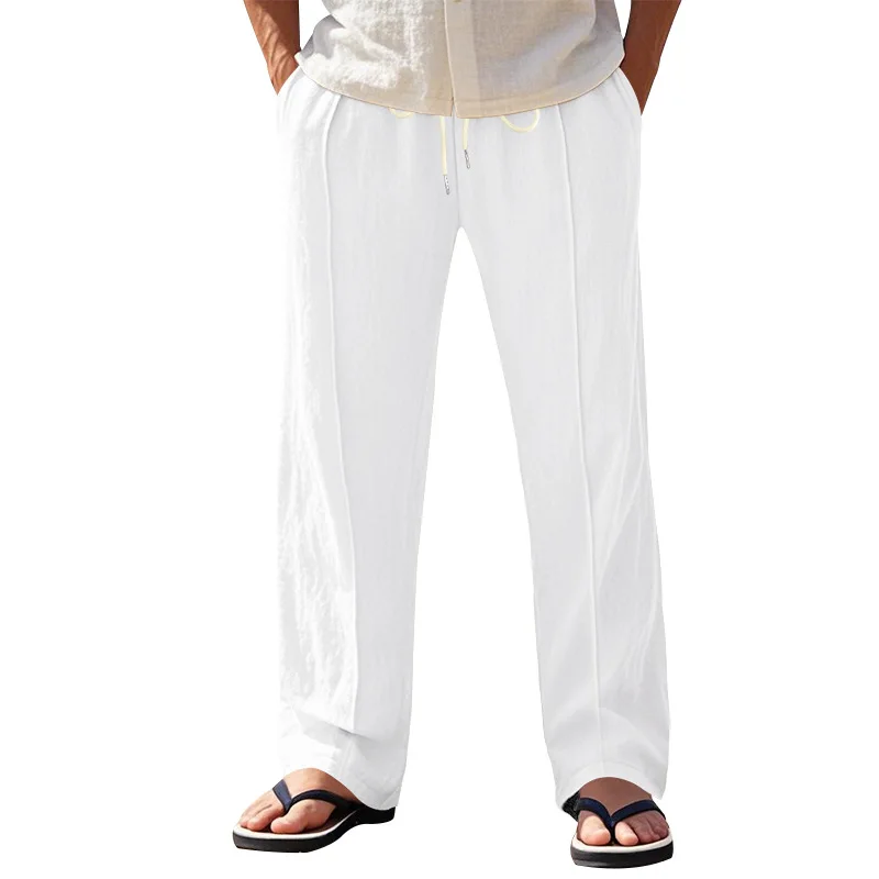 Men Linen‑Blend Drawstring Wide Leg Pants, Elastic Waist Seam‑Detail Loose Fit Summer Trousers