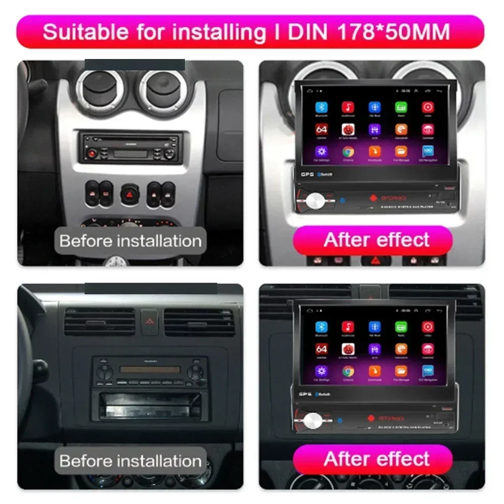 1 Din Car Radio Android 13 GPS Navigation Retractable 1din Touch Screen Multimedia Player Universal 7