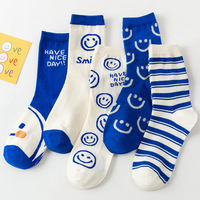 5 Pairs/Pack Cute Funny Women Socks White Blue Style Smile Face Stripe Happy Cotton Long Socks Hot Sale Dropshipping