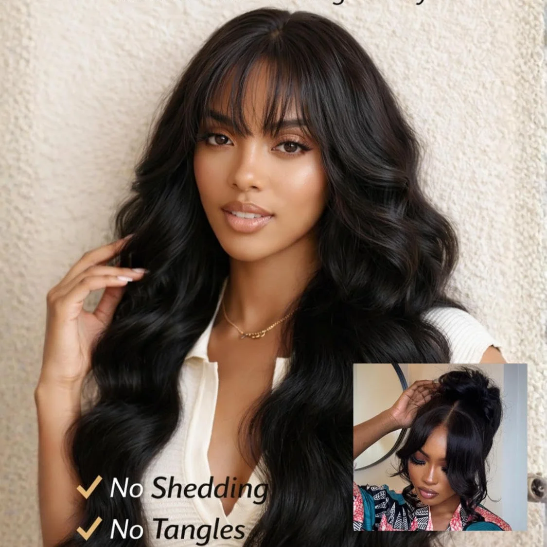 Body Wave Wigs With Bangs Put on go Wigs Human Hair 26inch Glueless Human Hair Wigs Natural Wave Bang Wigs Beginner Friendly