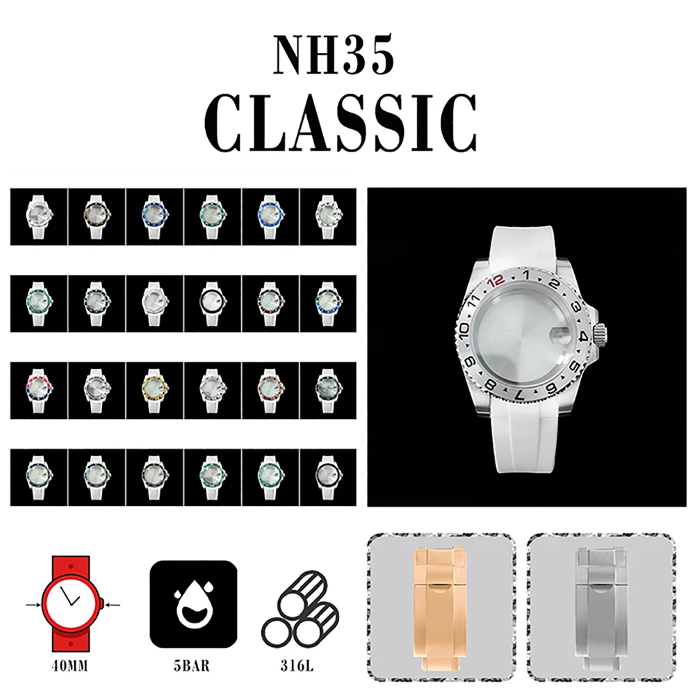 

316L 40MM SUB Case Rubber Strap Steel Buckle Sapphire Magnifying Glass GMT OMJ Ceramic Bezel For NH35/NH36 Movement