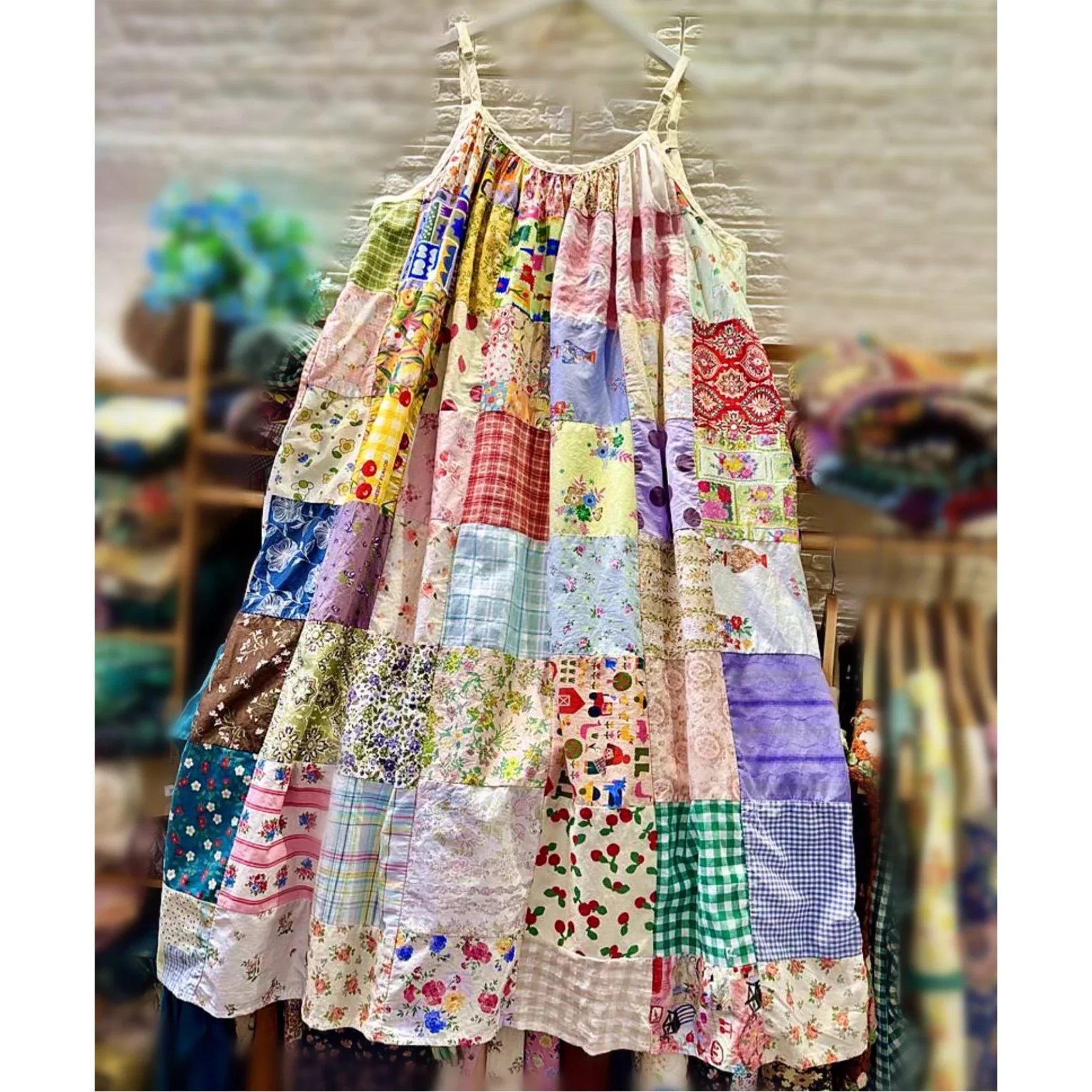 

Cottagecore Patchwork Cotton Linen Sweet Kawaii Harajuku Midi Dress Vintage Lolita Shabby Chic Holiday Women Summer Sundress