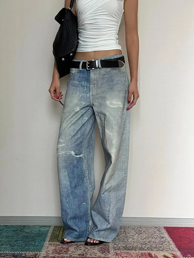 

Американские джинсы в стиле High Street с эффектом потертости, женские летние повседневные широкие брюки в пол, модель Spicy Aby