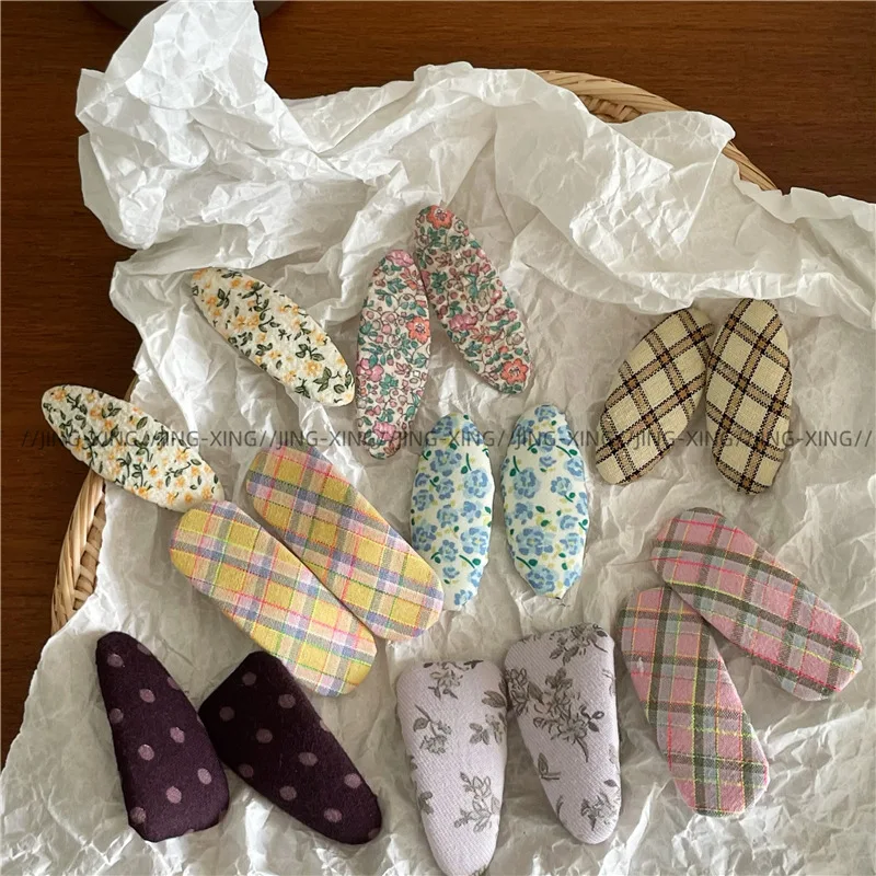 

Cute Plaid Cloth BB Hair Clips Oval Design Geometric Triangle Rectangle Floral Printed Side Hair Barrettes Hair Accessories