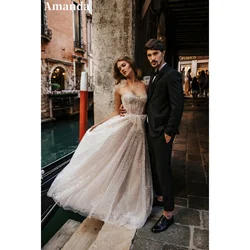 Amanda Glitter Straps A-line Wedding Dress Romantic Shiny Perspective Robe De Mariée Boho Sequins Sparked Vestidos De Novia