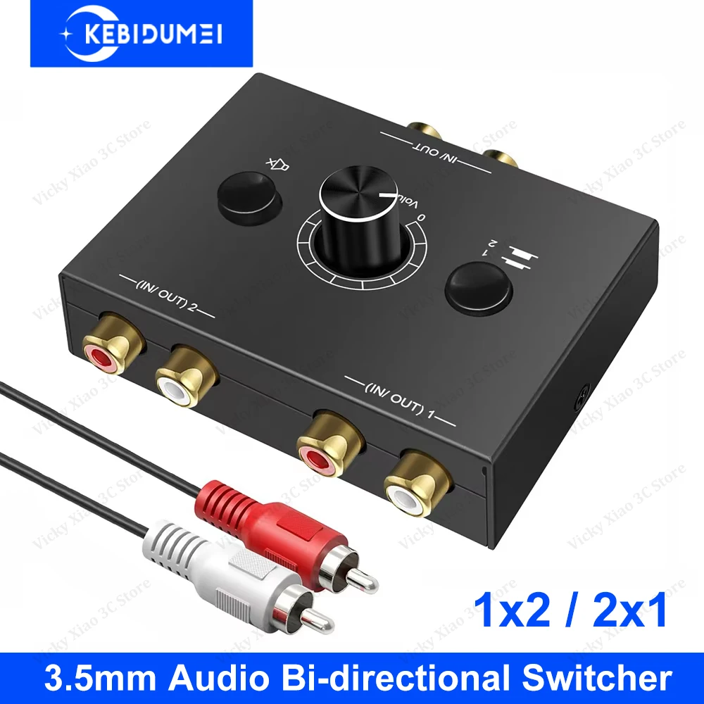 Bi-Directional Audio Switcher RCA Audio Adapter with Mute Button 2 in 1 out/1 in 2 out RCA Stereo Audio Switch for Speaker