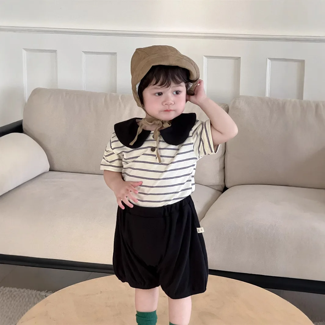 

2025 Summer New Baby Short Sleeve Clothes Set Boys Lapel Striped T Shirts + Shorts 2pcs Suit Cotton Infant Toddler Casual Set