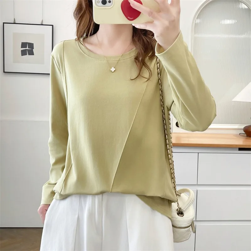 Women T Shirt Autumn Minimalist Round Neck Fishbone Line Long Sleeve Loose Slim Undershirt For Curvy