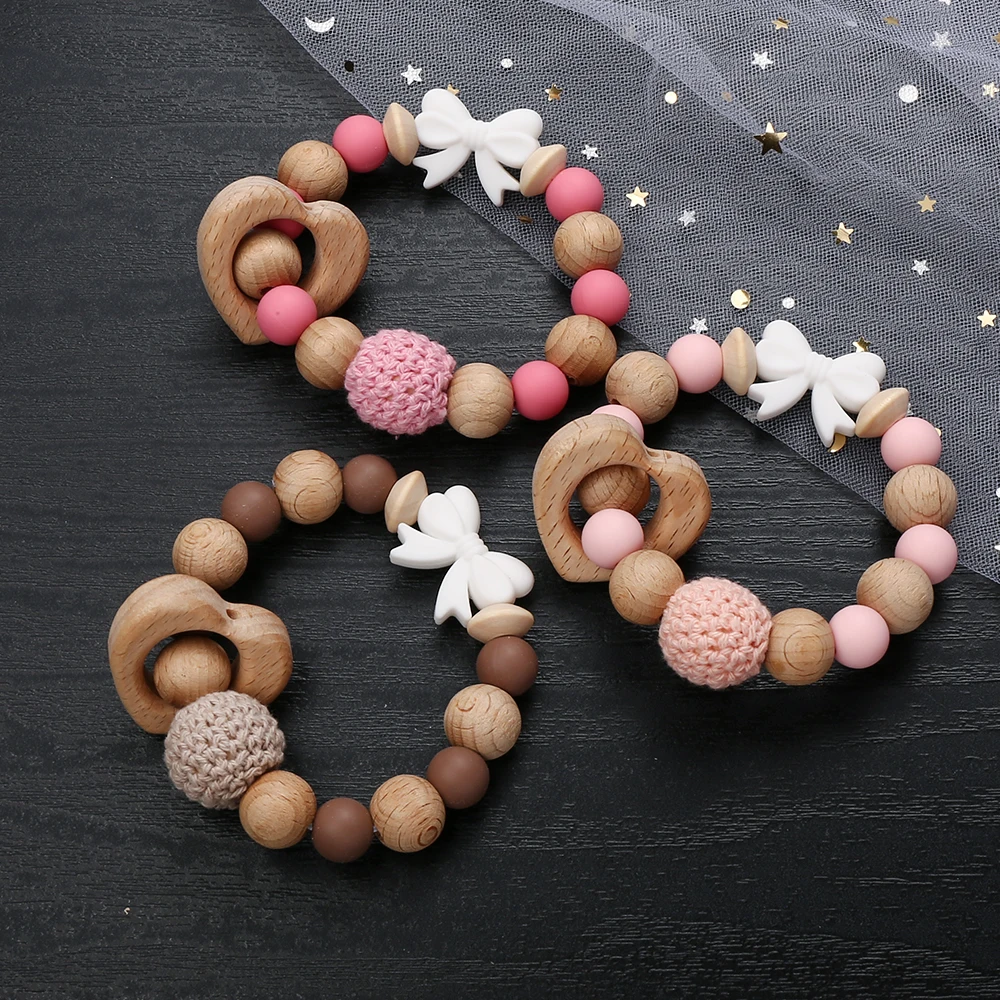 Baby Pacifier Clips Heart Wooden Teethers Bracelets Fashion Heart Silicone Beads Set Babies Teething Toy Anti-Lost Chain Gifts