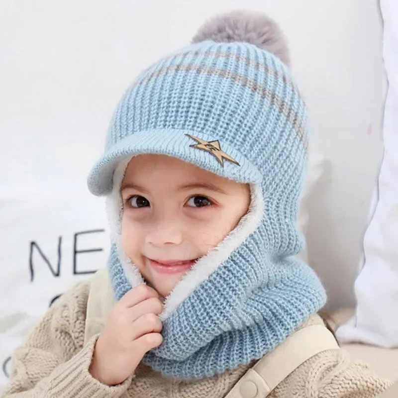 Knit Short Plush Hooded Scarf Kids Hat And Scarf Child Winter Warm Protection Ear Pom Pom Cap Scarves Girls Boy Accessories