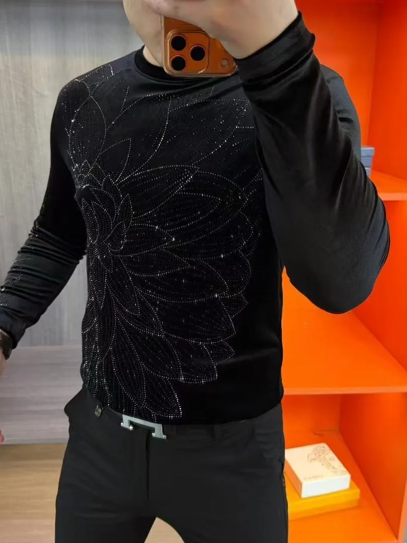 

Мужская плотная футболка из золотистого бархата со стразами, универсальная, модная, комфортная, новая весенняя модель с круглым вырезом