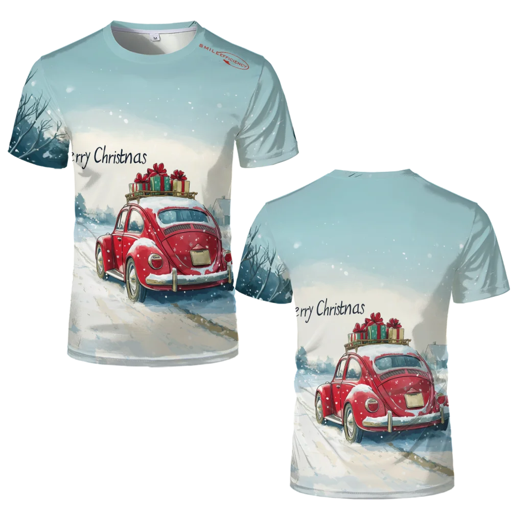 Christmas Snow Car Pattern 3D Printed T-shirt 100% Polyester Men's And Women's Loose Casual Short-sleeved Shirt Streetwear