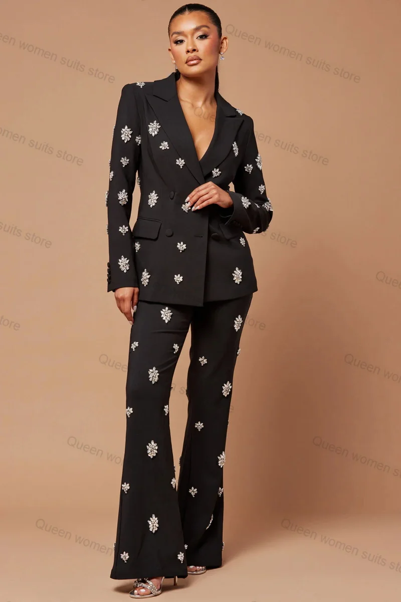 Plus Size Black Women Suit Pants Set 2 Piece Blazer+Trousers Formal Office Lady Jacket Coat Crystals Luxury Outfit Custom Made