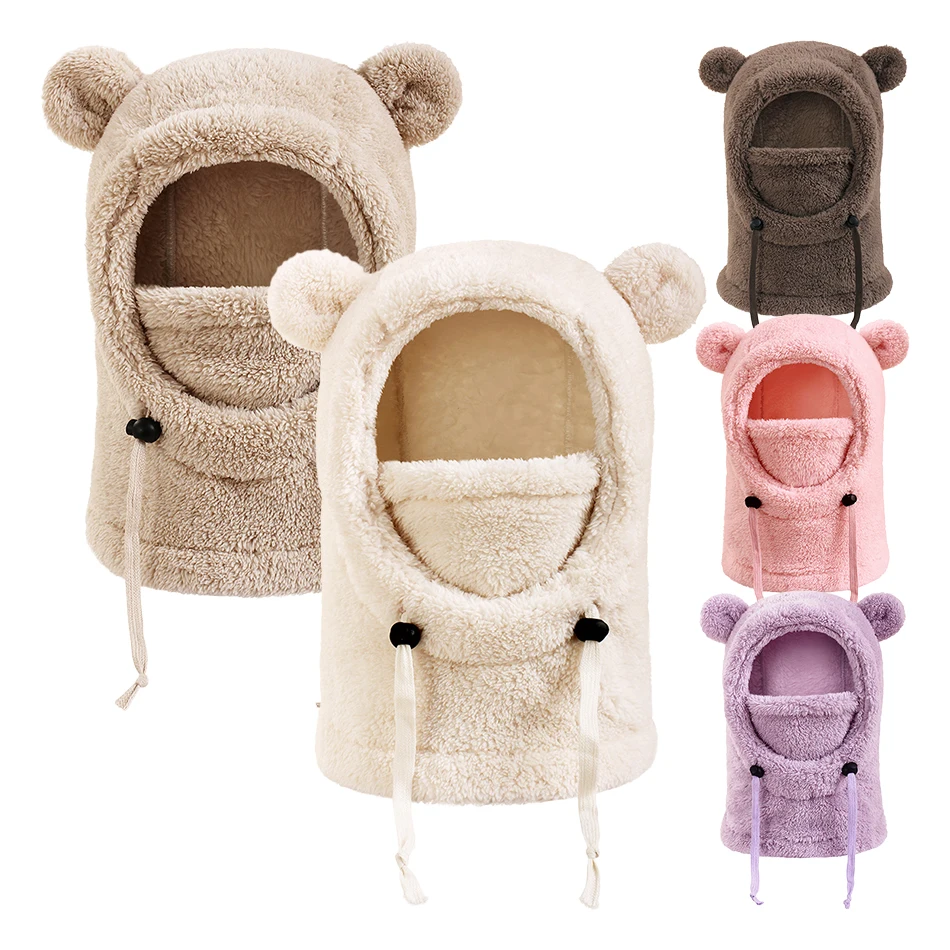 

Kids Winter Cap with Face Mask Children Warm Fleece Lined Ear Flap Hat for Boys Girls Bear Ears Adjustable Clothing Accessories