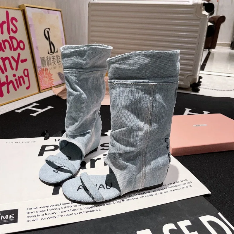 Temperament Trendy Denim Lace Lapel Booties Women Summer Western Denim Heightening Dew Sandals view 5