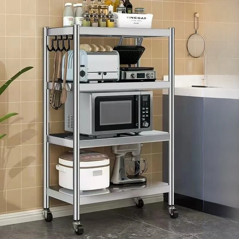 Suporte de Micro-ondas Móvel em Aço Inoxidável com Rodas, Prateleira de Armazenamento de Três Camadas para Organização