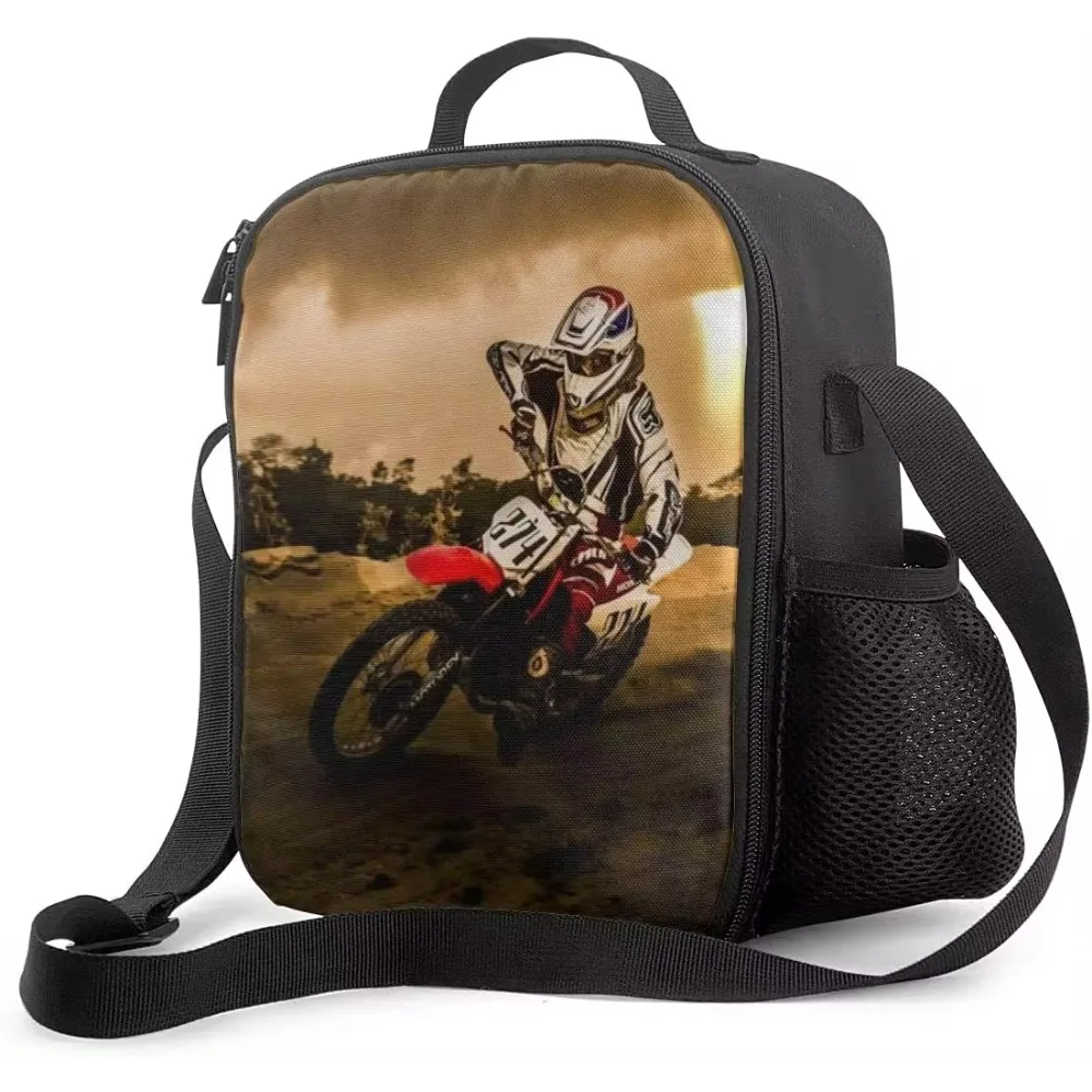 Dirt-Bike Motocross Insulated Lunch Bag Lightweight Motorcycle Reusable Thermal Lunch Bags Motorcyclist Cooler Tote for Boys Men