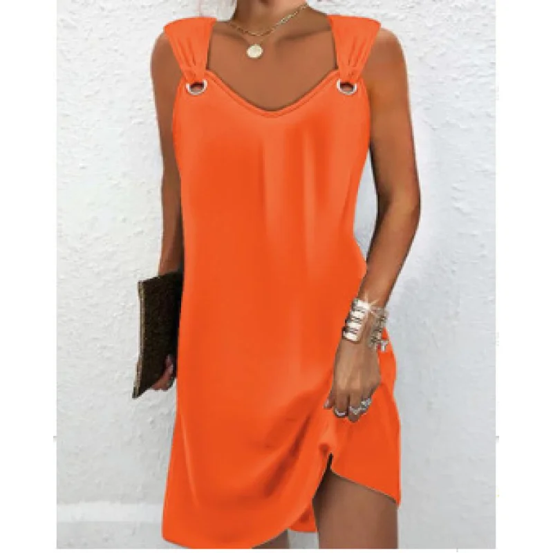 2023European and American Summer Women's Fashion Sexy Minimalist Solid Color Metal BuckleVCollar Sleeveless Dress Can Add Color