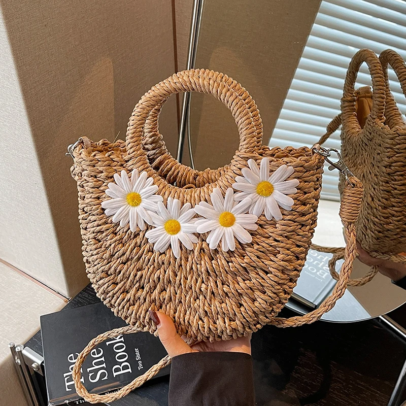 

Handwoven Straw Shoulder Bag For Women Rattan Half-Moon Beach Handbag Aesthetic Summer Hollow Out Crossbody Bag Female