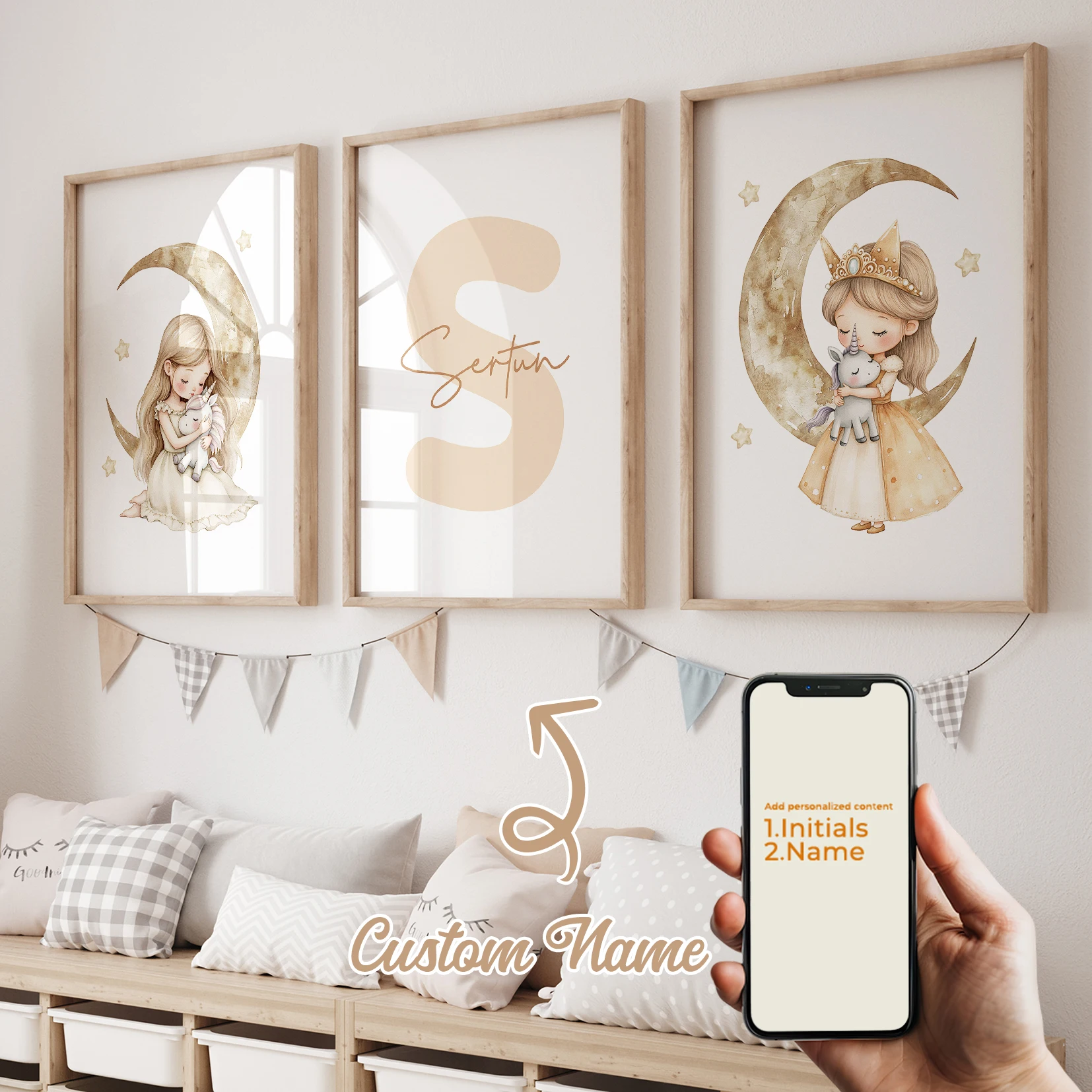 

3pcs Personalized Name Custom Cute Moon Princess Unicorn Star Wall Art Print Picture Living Room Kids Room Home Decor