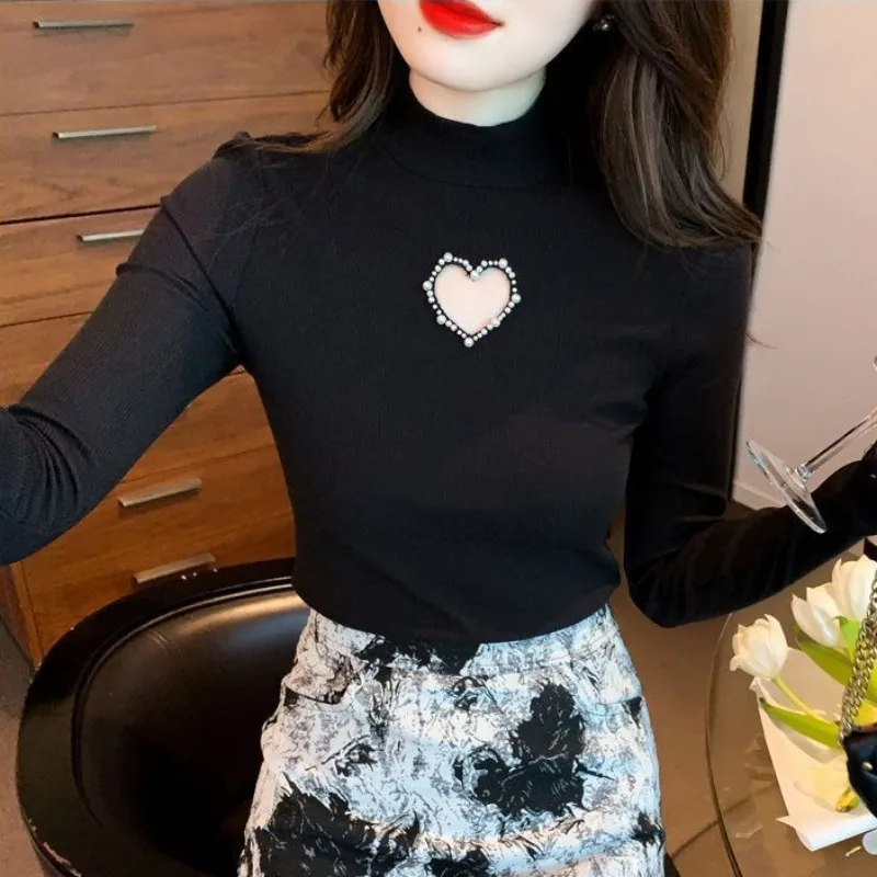 Half High Collar T-shirts Women Plus Velvet Thermal Love Pearls Hollow Out Long Sleeve Underlay Tops Slim Sexy Design Fashion