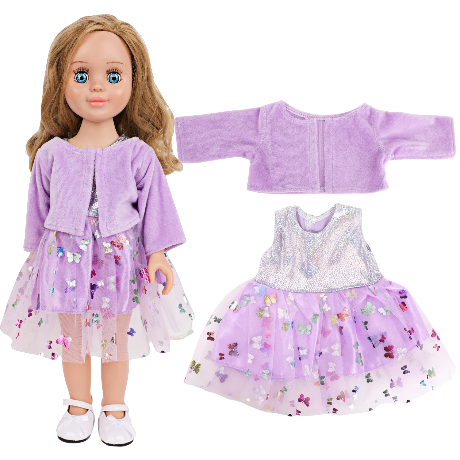 فستان فراشة أرجواني + معطف + تنورة ملونة + 2 حذاء، طقم ملابس لدمى أمريكية 18 بوصة ودمى أطفال حديثي الولادة 43 سم، دمى فتيات