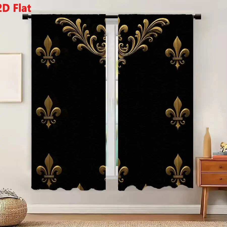 2Pcs Curtains Add 2D Flat Regal Gold Fleur De Lis Pattern On Black Background Elegant Baroque Heraldry Design Window Drapes for