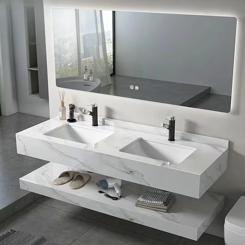 1400mm Dual Tub Sink Supply Marble Slab Bathroom Sink Modern Glossy Contemporary Design Style Bathrooms Wash Basin for Hotels