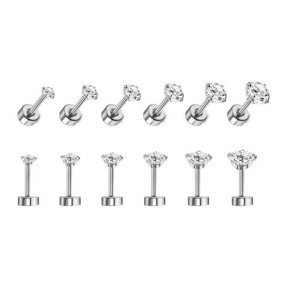 1Pair Classic Flat Back Screw Studs Stainless Steel Small Tiny Crystal Studs Earrings Women Men Piercing 4 Prong Tragus Earrings