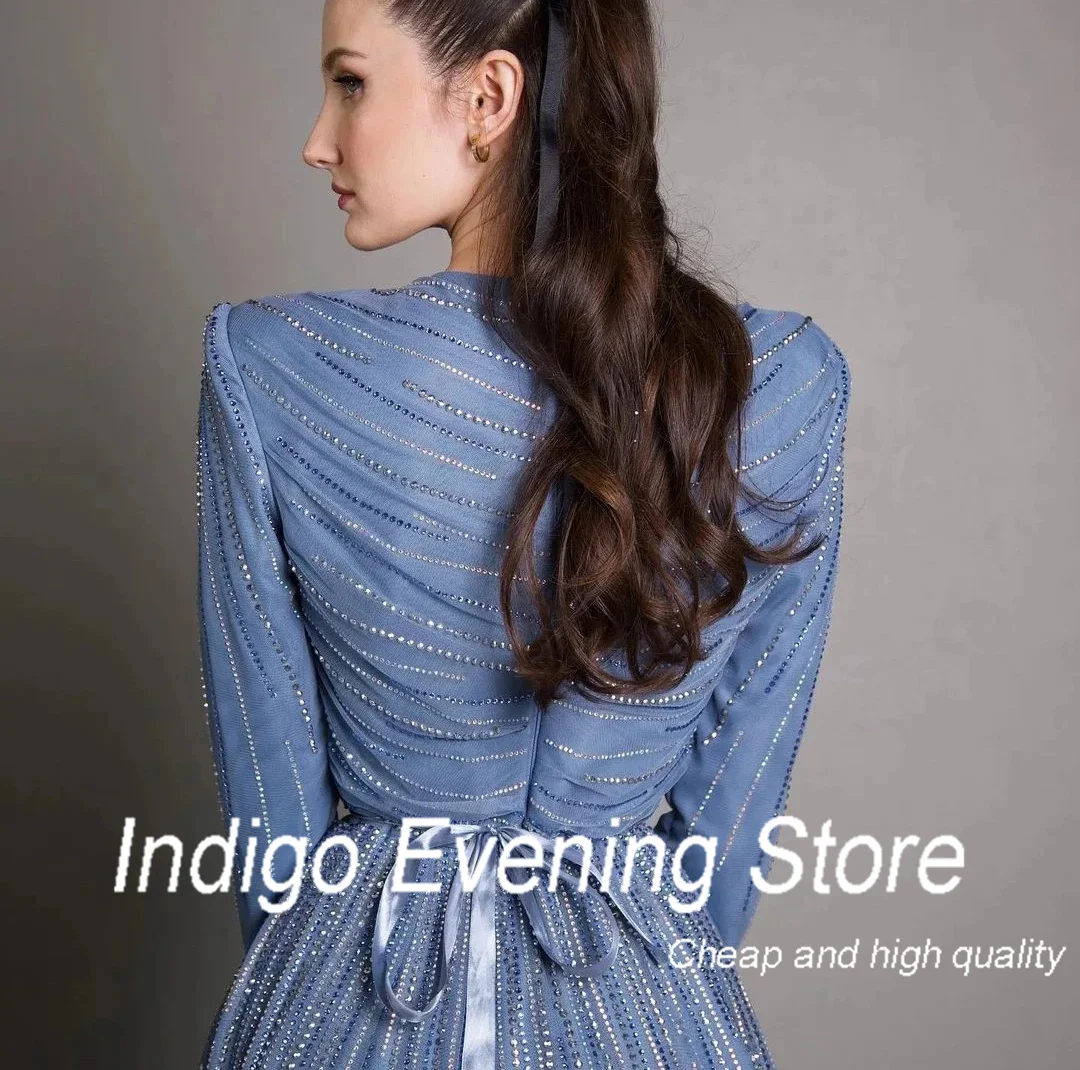 Indigo Prom Dresses O Neck Full Sleeves Beads A Line Floor-length Formal Occasion Dress For Women Vestidos De Gala  Customized