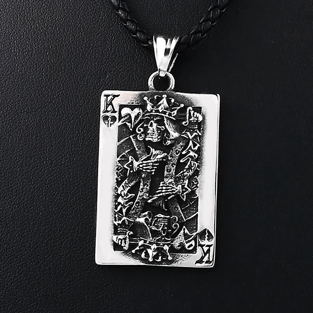 Punk Rock Stainless Steel Poker King Skull Pendant Necklace For Men Gothic Vintage Charlie King High Quality Jewelry Wholesale