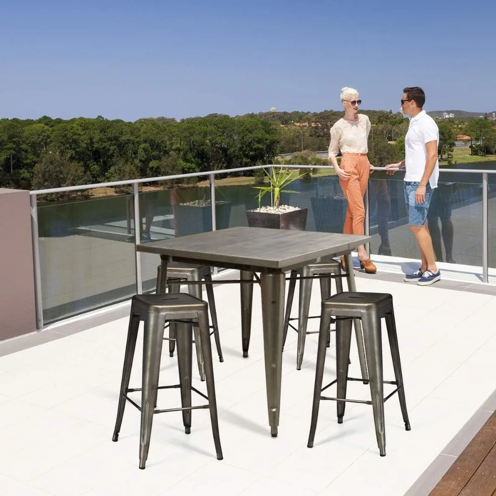 24" Metal Bar Stools Set of 4, Industrial Cafe Side Chairs with Removable Back and Rubber Feet, Stackable Counter Stool